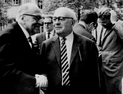Max Horkheimer and Theodor Adorno (in foreground) with Jürgen Habermas (far right), Heidelberg, April 1964. Picture by Jeremy J. Shapiro