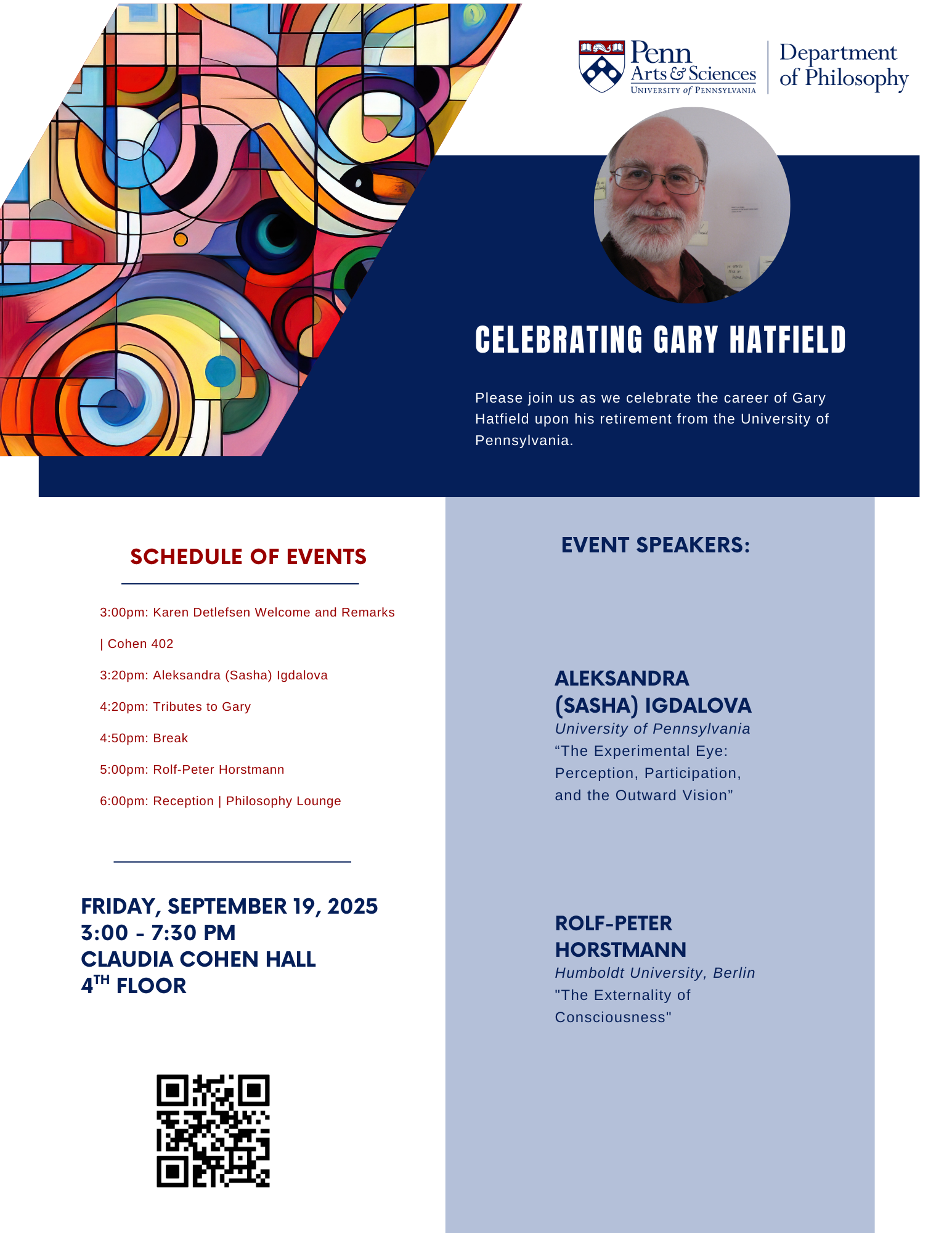 Event poster featuring abstract artwork and picture of Gary Hatfield