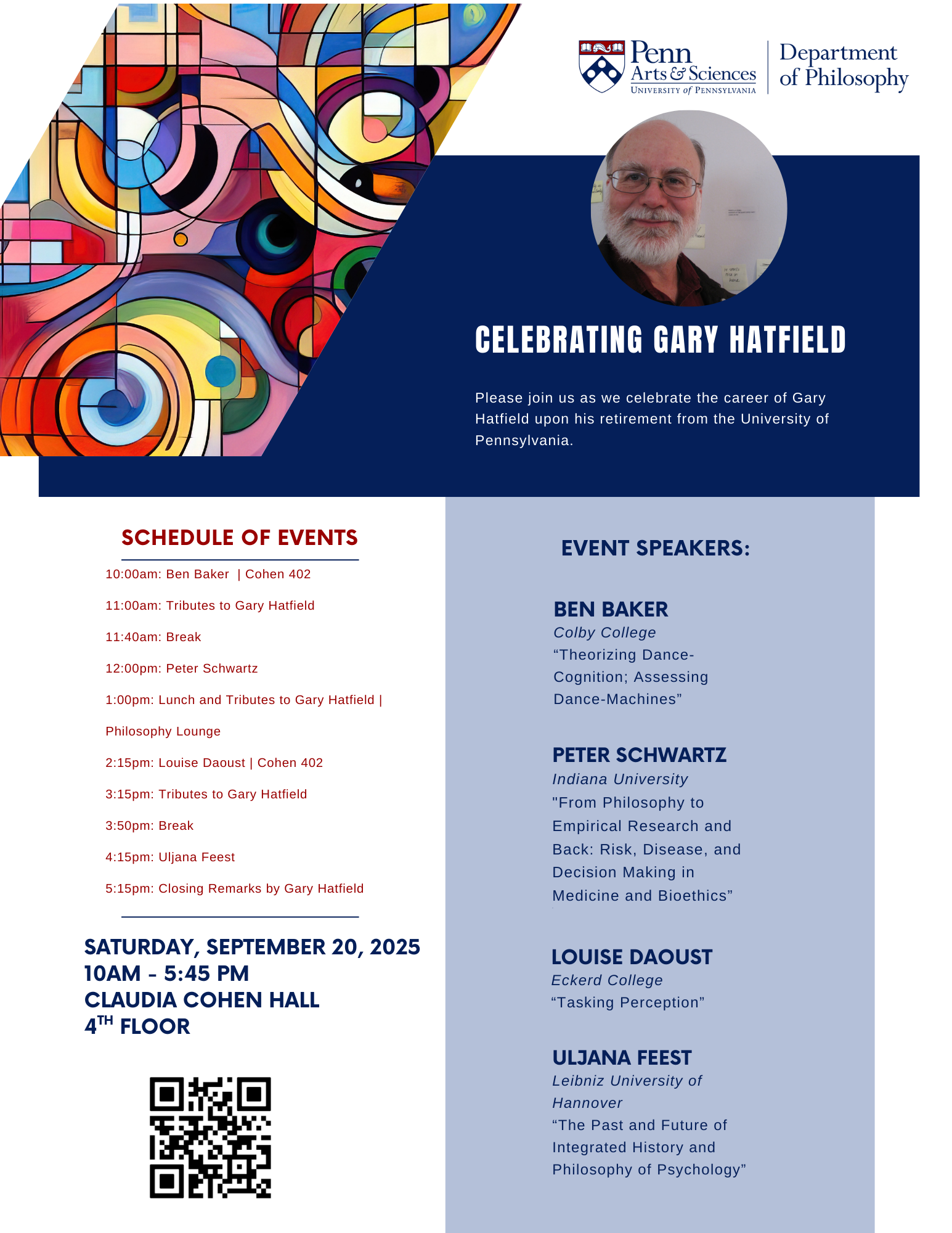 Event poster featuring abstract artwork and picture of Gary Hatfield