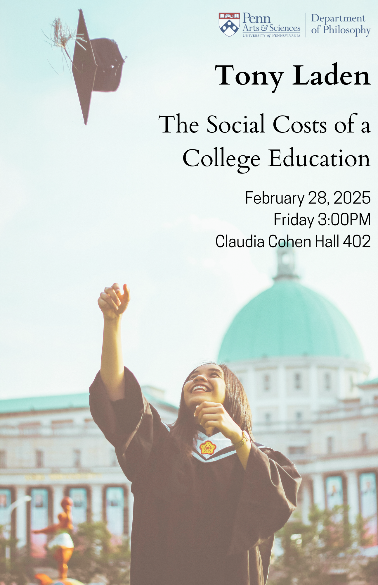 Tony Laden Event Poster featuring a young women in a graduation gown tossing her cap into the air