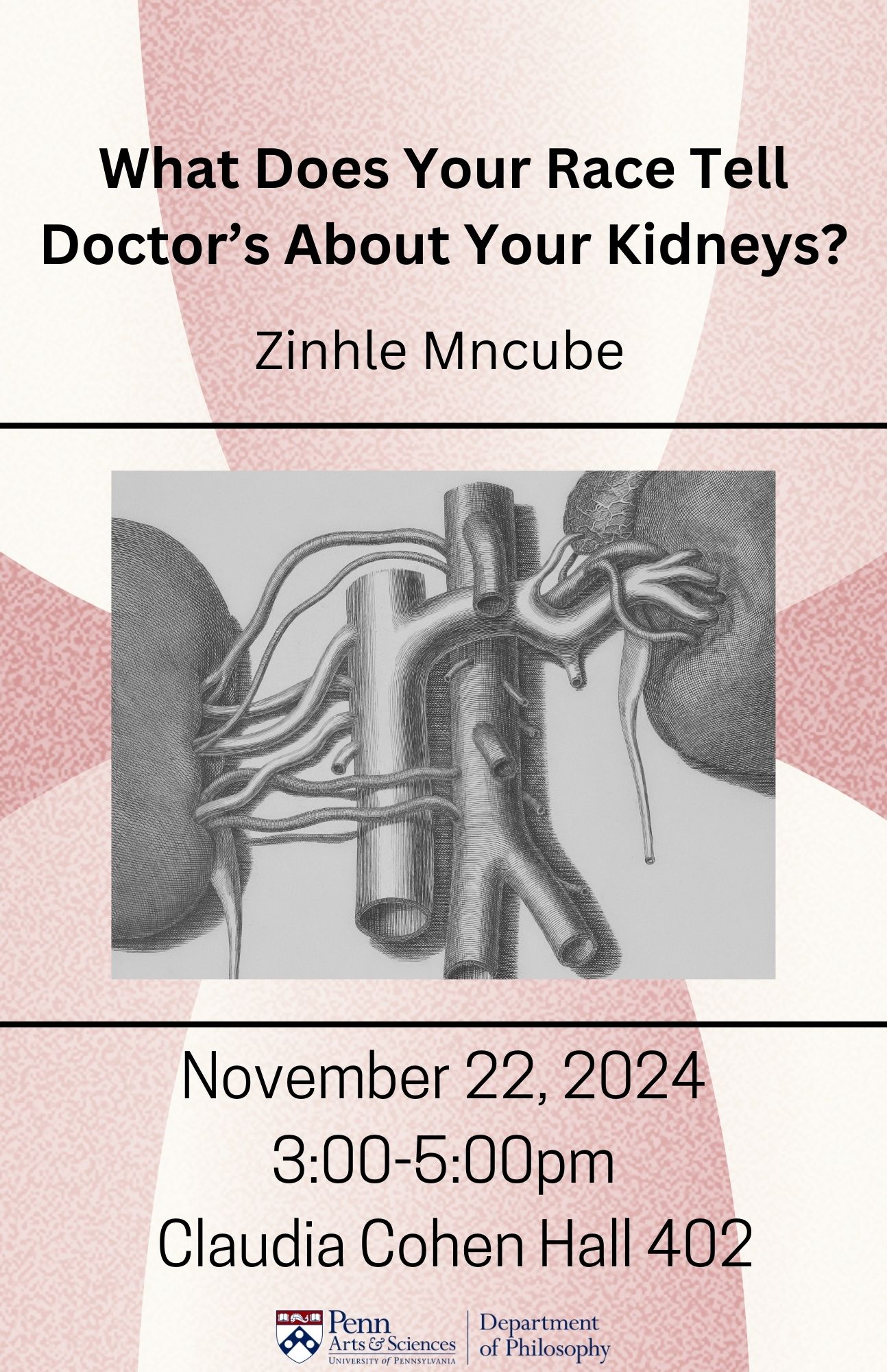 Event poster featuring illustration of kidneys and event details for Zinhle Mncube's colloquium talk