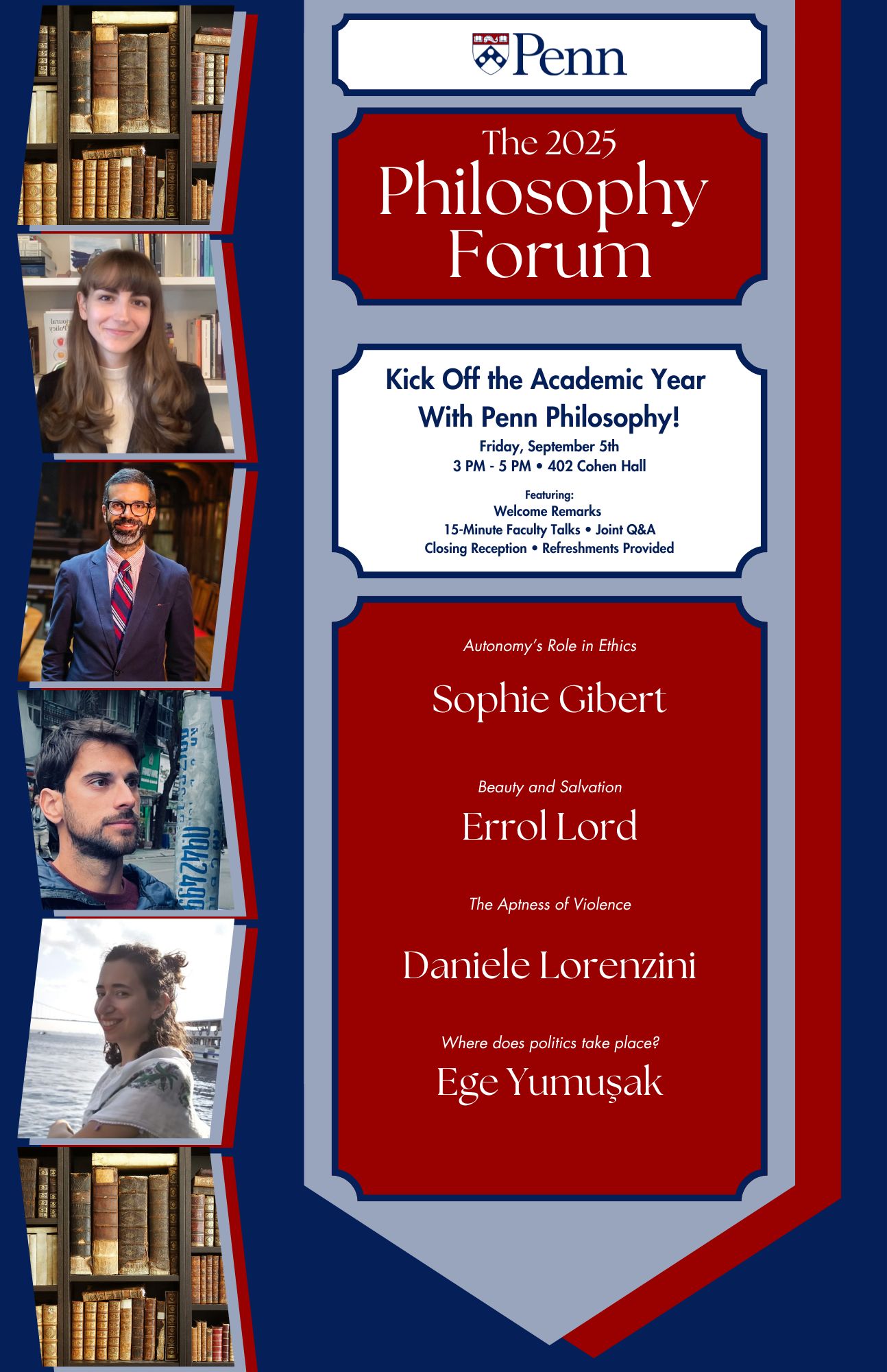 Event Poster featuring photos of Sophie Gibert, Errol Lord, Daniele Lorenzini, and Ege Yumusak all event details in text in event announcement