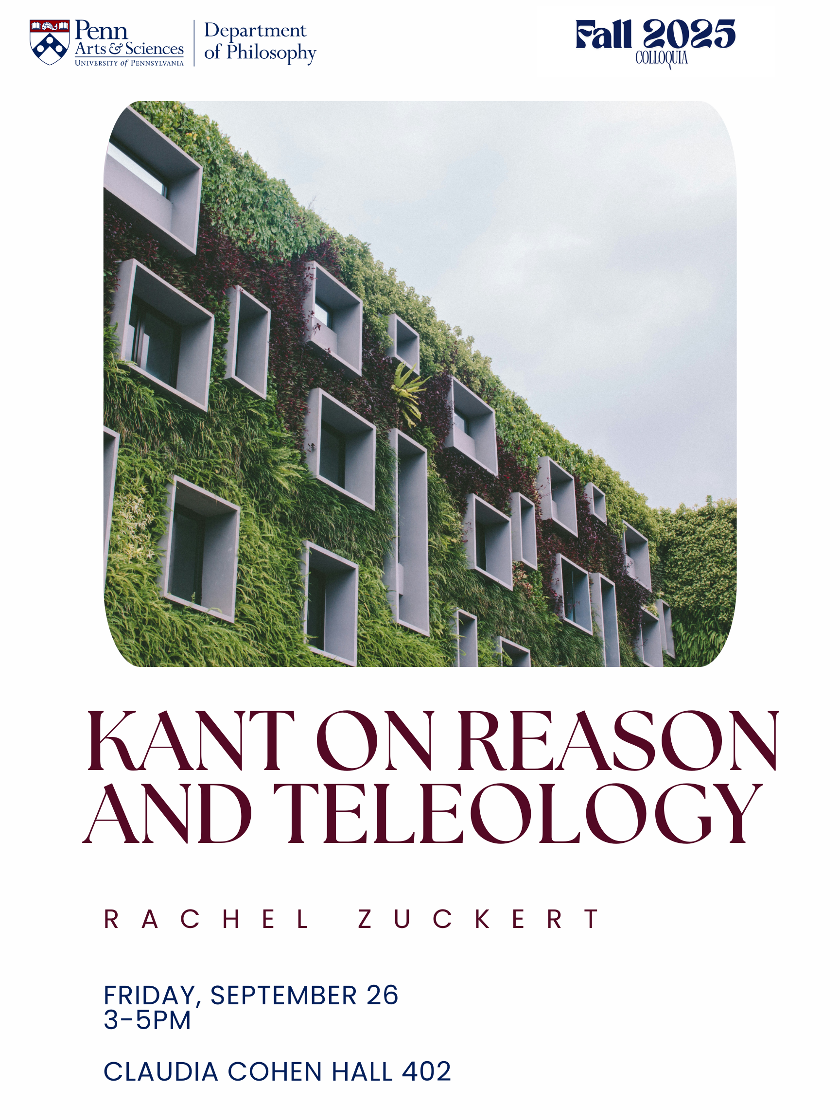 Rachel Zuckert Colloquium Poster featuring image of windows popping through a grassy wall. 