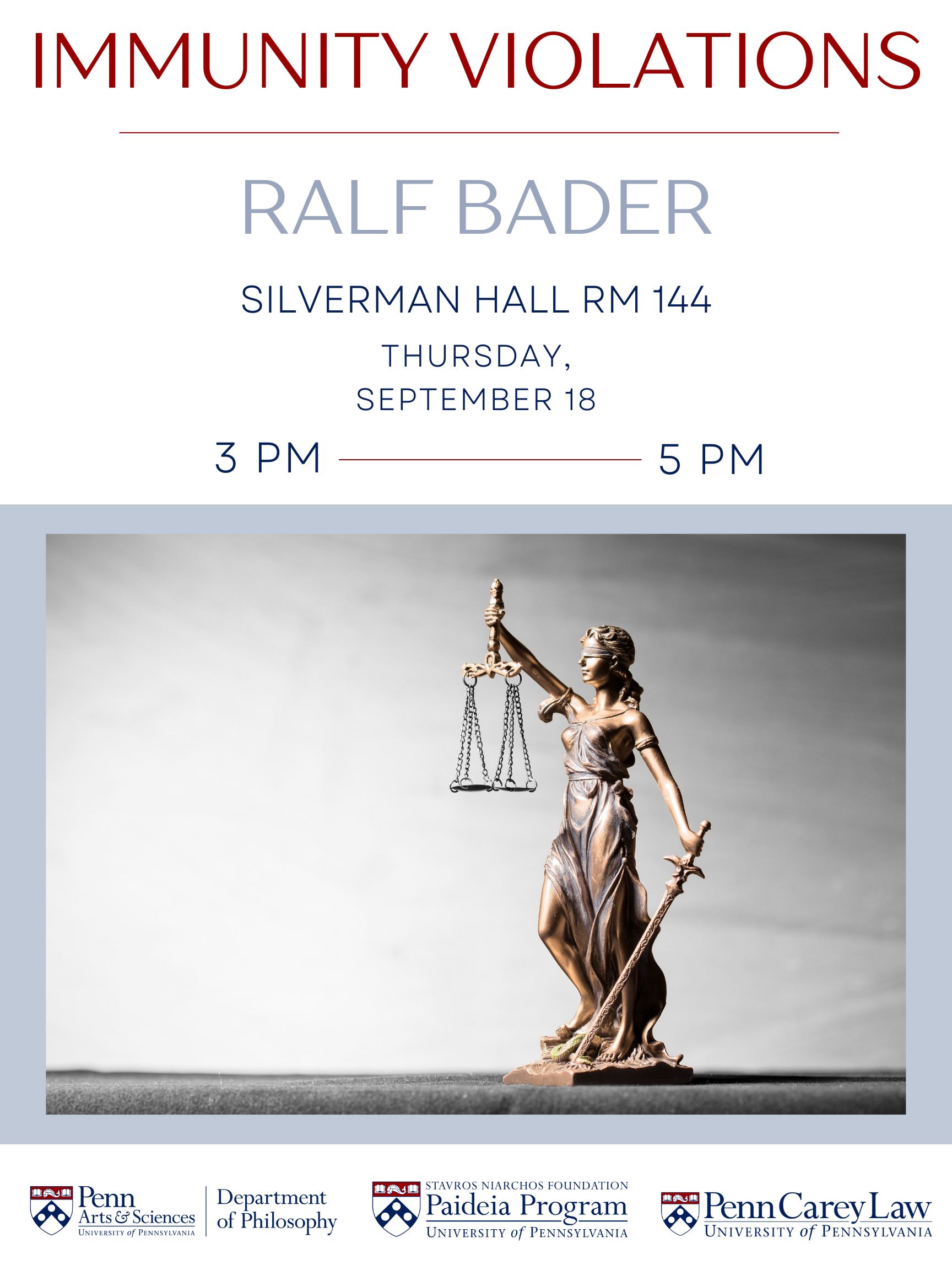 Event poster featuring image of a stature holding scales and a sword, a common motif if justice and law. Event details copied in announcement.