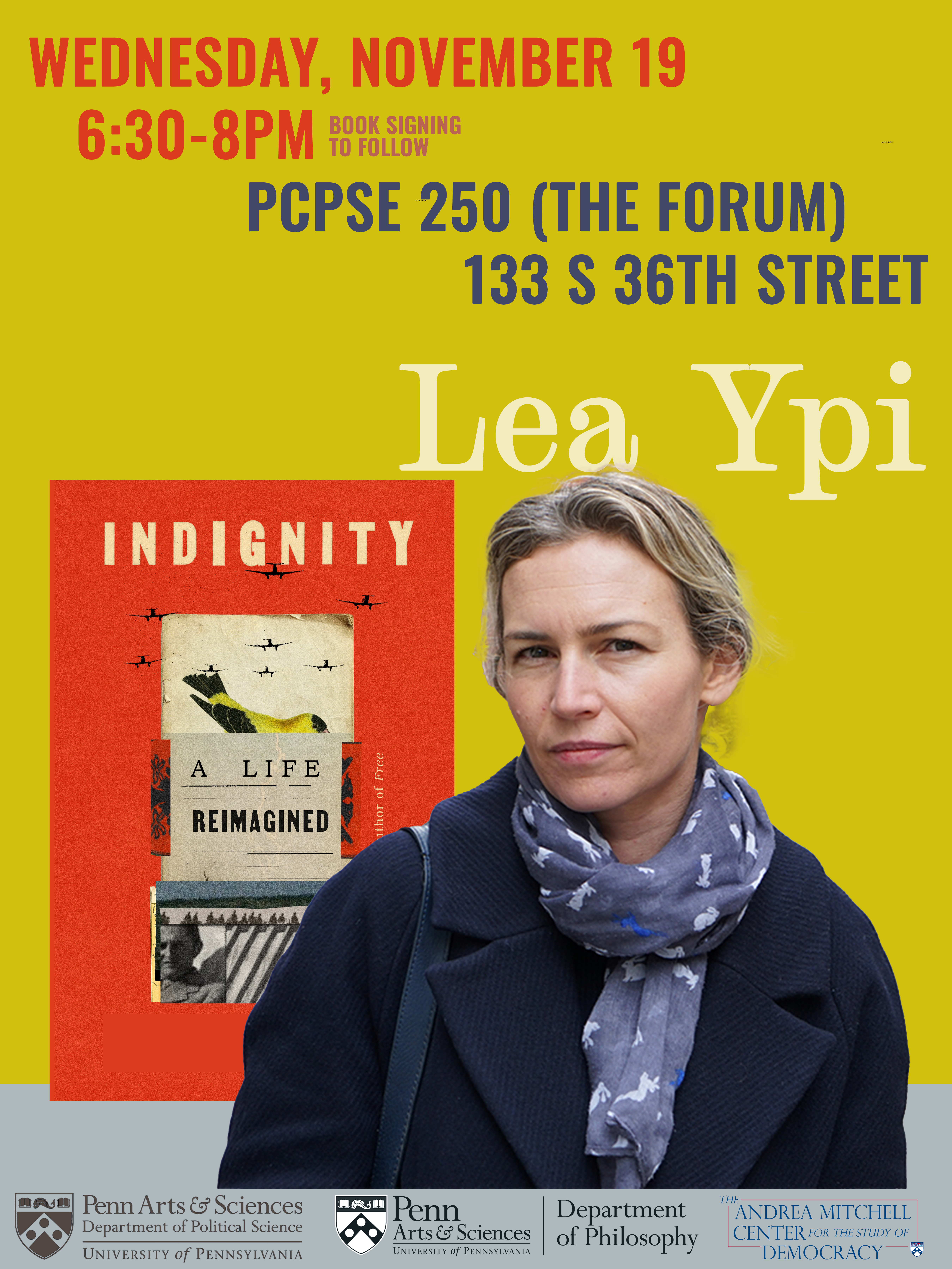 Event Poster with image of Indignity book Cover and author Lea Ypi on a bright yellow green background